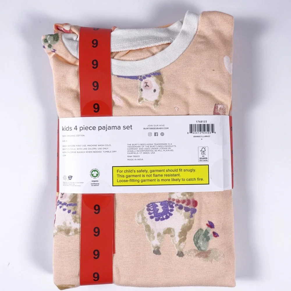 Burts Bees Kids 4 Piece Pajama Set 6 Organic Cotton Floral Llama Orange NEW